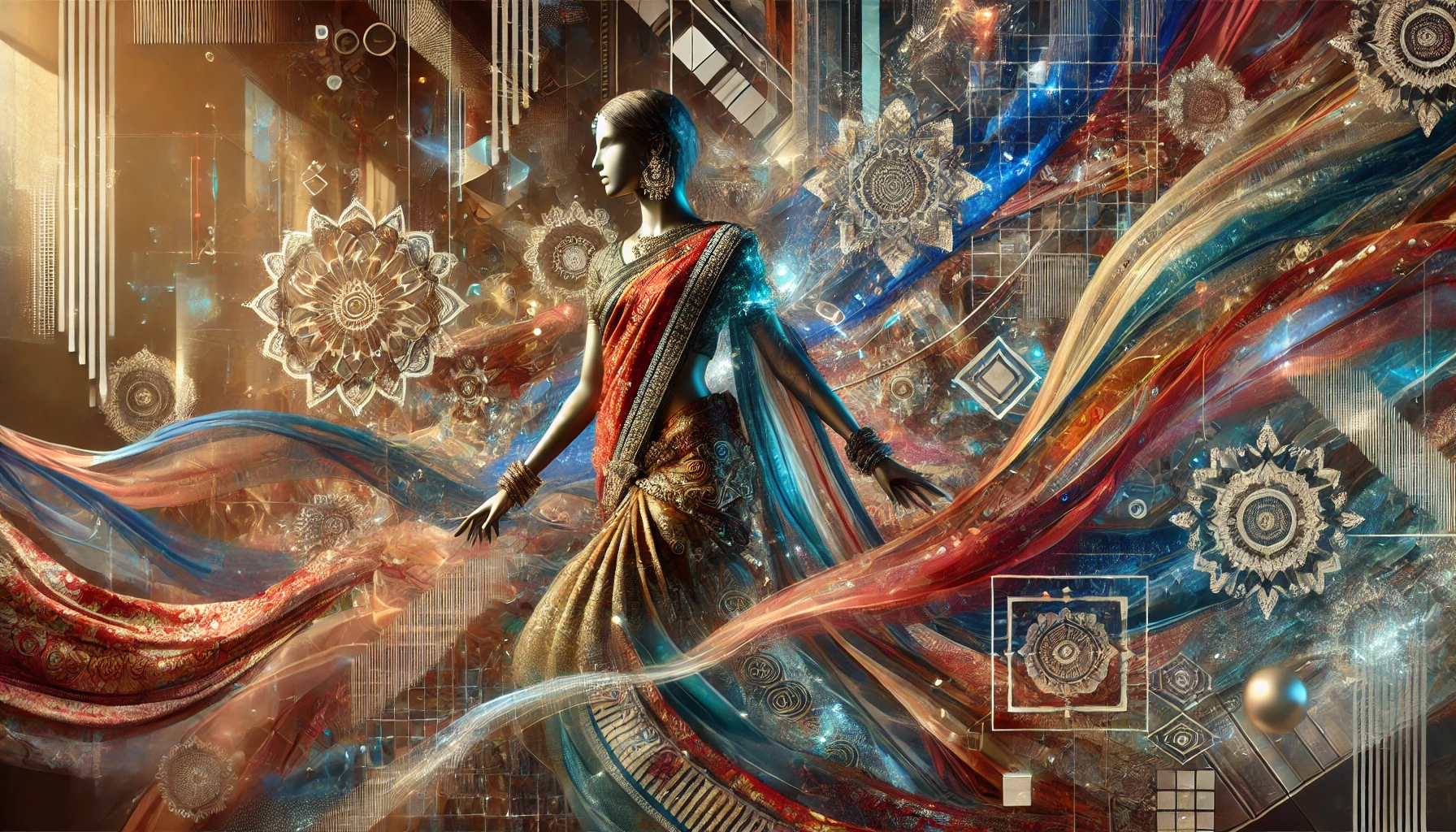 AI-made image showing a futuristic designer saree